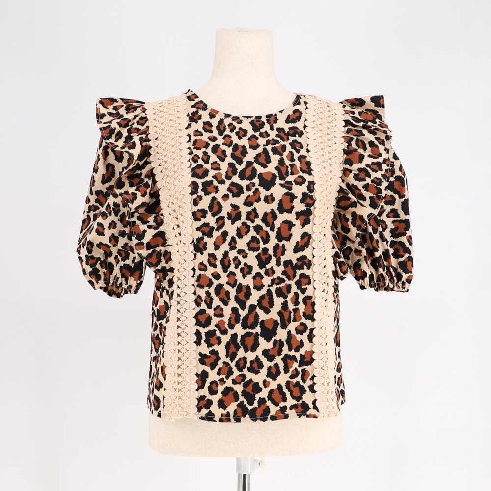 NWT ENGLISH FACTORY Leopard Ruffle Shoulder Lace Insert Top Tan Multi Size XS